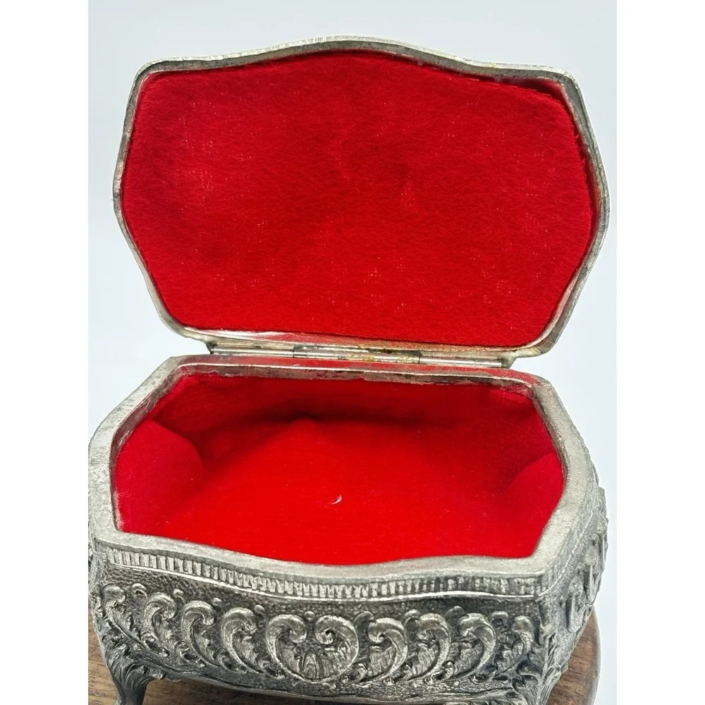 Vintage Filagree Footed Jewelry Box Casket Ornate Angel Red Velvet Lining Japan
